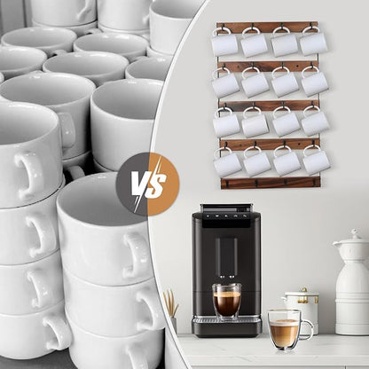 Wall Mounted Coffee Mug Holder, Large 5 Tier Shelf with 20 Hooks for Cups, Rustic Wooden Display Rack for Kitchens, Homes and Bars (Walnut)