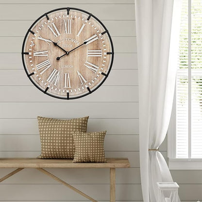 24 Inch Grand Farmhouse Wall Clock, Vintage-Inspired Wood & Metal Design with Large Etched Numbers, Silent Battery-Powered Timepiece for Offices, Kitchens, Bedrooms, and Living Rooms