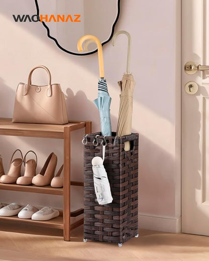 Rattan Umbrella Stand, Umbrella Holder for Entryway, Hand Woven Umbrella Rack Organizer Freestanding, with a Detachable Drip Tray, 4 Hooks, 6.5" L x 6.5" W x 16.5" H, Brown