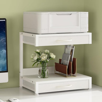 VENNQD 2-Tier Desktop Printer Stand with 2 Fabric Drawers, Prtiner Table with Storage Shelf, Desk Organizer for Home Office,3D Printer,Fax Machine,Scanner (White, 2 Tier)