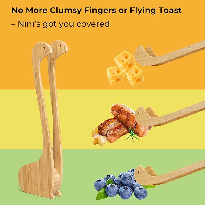 SETRON Bamboo Nessie Toast Tongs – 10” Toaster Tongs for Bread & Bagels, Heat-Resistant Bamboo Kitchen Tongs with Anti-Slip Grip, Cute Loch Ness Monster Design for Cooking & Serving