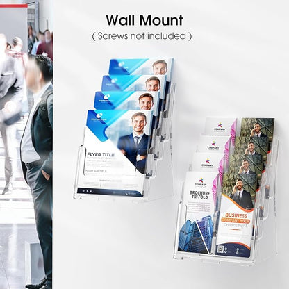 MaxGear Acrylic Brochure Holder 8.5 x 11 inch, 4 Tier Clear Literature Organizer Magazine Stand Display with Removable Divider for 4 x 9 inch Brochures, Pamphlet, Wall Mount or Countertop, 4 Pack