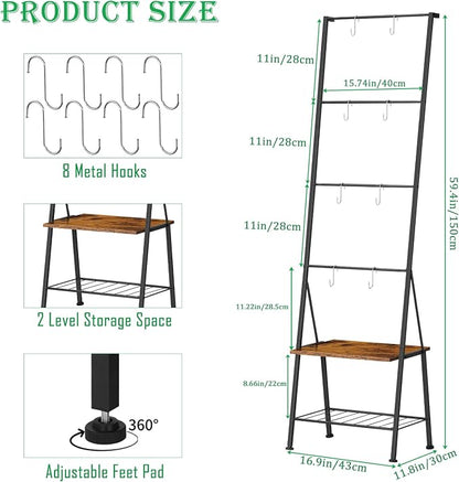 Blanket Ladder, 6-Tier Towel Holder with Shelf, Blanket Rack Freestanding, Ladder Shelf with Hooks for Towels Clothes Scarves, Standing Towel Rack for Bathroom Living Room Bedroom, Brown