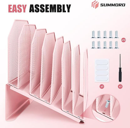 SUMMORO Inclined File Organizer for Desk, 7-Tier Vertical File Folder Holder Office Desk Organizer Metal Rack File Wire Mesh Desktop Document Sorter for Office School Classroom Home (Pink)