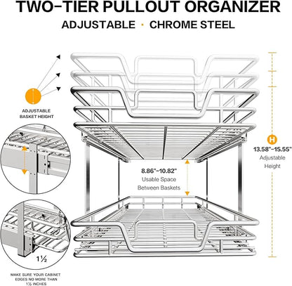 2-Tier Kitchen Cabinet Pull Out Shelf and Drawer Organizer Slide Out Pantry Storaqe Basket in Multiple Sizes (20" Wx 21" D,)