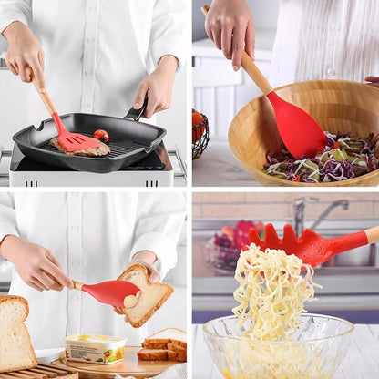 IOCBYHZ Kitchen Cooking Utensils Set 6Pcs Heat Resistant Silicone Kitchen Utensils Spatula Spoon Turner Ladle w Wooden Handle, BPA FREE Silicone Cooking Tool Gadget Set for Nonstick Cookware & Baking