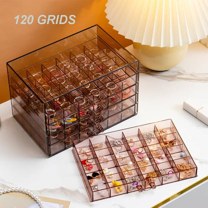 YUFONG Earring Storage Box Organizer, Acrylic Jewelry Storage Box Holder 5 Drawers Transparent Jewelry Display Stand with 120 Small Compartments Gift Boxes for Women Girls (Clear Purple Brown)