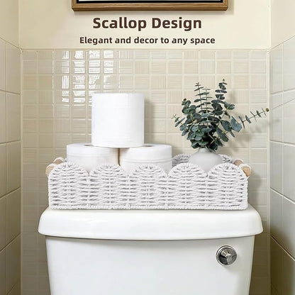 CubesLand Bathroom Basket Organizer w/Cut Out Handle, Back of Toilet Paper Storage Baskets for Bathroom Countertop Decorative, Small Scalloped Wicker Basket Also for Home Decor, Living Room, White