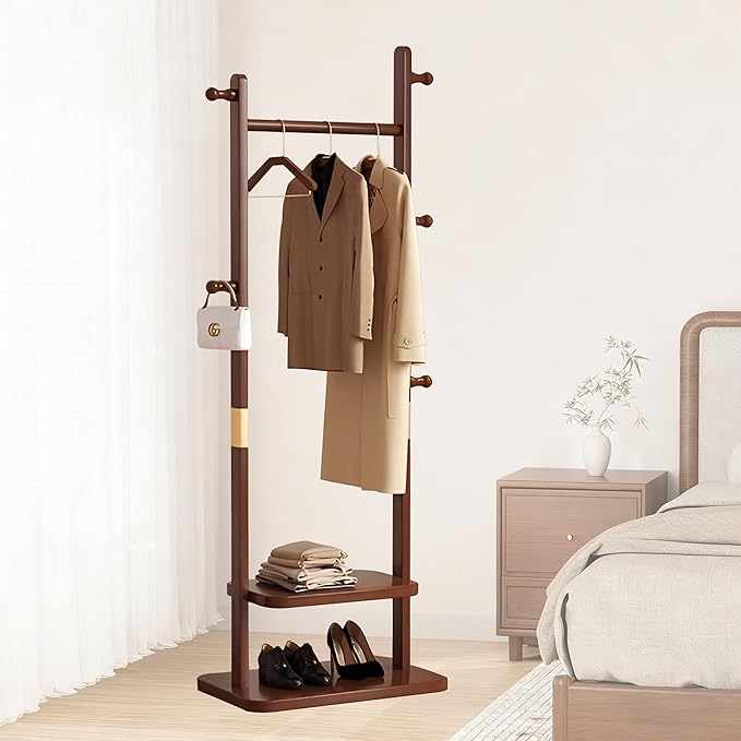 Freestanding Coat Rack with 2 Storage Shelves and 5 Hooks, Heavy Duty Wood Garment Rack for Bedroom, Hallway, Entryway (23.6x11.4x62.6 in)