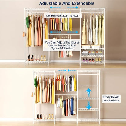 Heavy-Duty Clothes Rack, Expandable Closet Storage Unit with 6 Shelves and 4 Hanger Rods, Freestanding Bedroom Wardrobe Closet, White