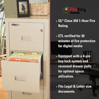 FireKing Turtle Vertical 4 Drawer Legal and Letter Fire Safe File Cabinet with Key Lock, 1 Hour Fire Rated, UL Rated & Water Resistant Home Safe, Filing Cabinet, Made in The USA, Platinum