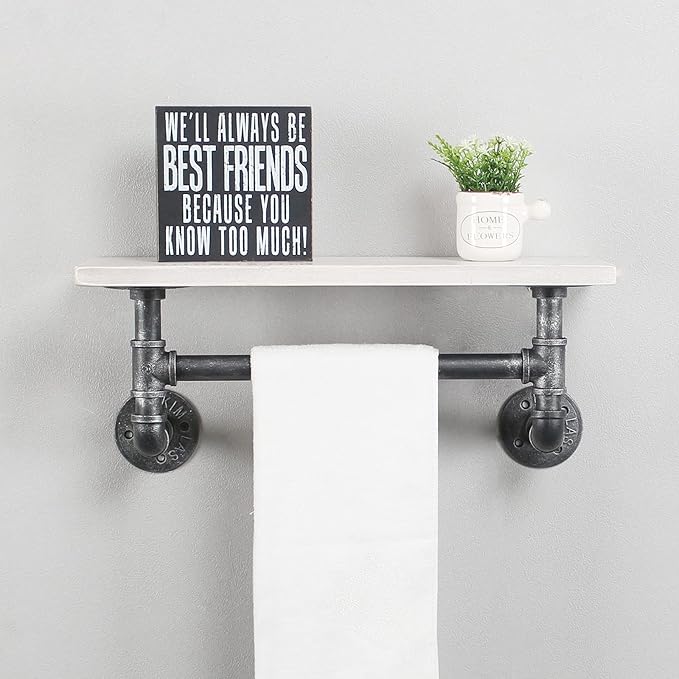 Industrial Pipe Shelf Bathroom Shelves Wall Mounted,19.6in Rustic Wood Shelf with Towel Bar,1 Tier Farmhouse Towel Rack Over Toilet,Pipe Shelving Floating Shelves Towel Holder,Retro White