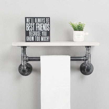 Industrial Pipe Shelf Bathroom Shelves Wall Mounted,19.6in Rustic Wood Shelf with Towel Bar,1 Tier Farmhouse Towel Rack Over Toilet,Pipe Shelving Floating Shelves Towel Holder,Retro White