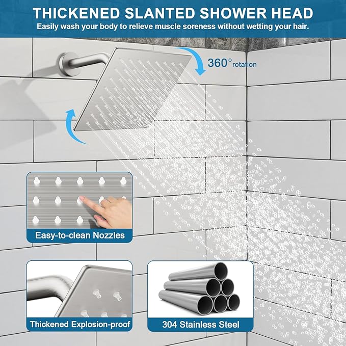 Shower Faucet Set Brushed Nickel Shower System, Ceiling Mount 12 Inch Shower Head With Wall Mount 6 Inch Shower Head and 2 in 1 Handheld Spray, Push Button Diverter Shower Valve Trim Kit