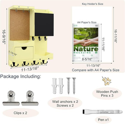 Key Holder Wall Mount， Mail Organizer Key Holder for Wall with Shelf, Drawer, Chalkboard, Corkboard, Home Decor Wall Mounted for Room Entryway (Ivory Yellow)