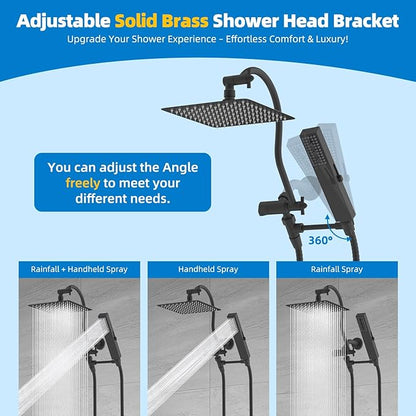 Hibbent All Metal cUPC Certified Shower Head, 8'' High Pressure Rainfall Showerhead Combo, Handheld Shower Wand, 12'' Adjustable Extension Arm, 4-Spray, 71'' Hose, Brass Shower Holder, Matte Black