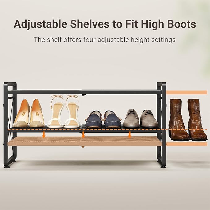 ELYKEN Shoe Rack, 4-Tier Expandable Shoe Organizer for Entryway, Metal Black Shoe Shelf with 4 Hooks, Adjustable Shoe Stand Holder for Closet, Garage, Door Entrance