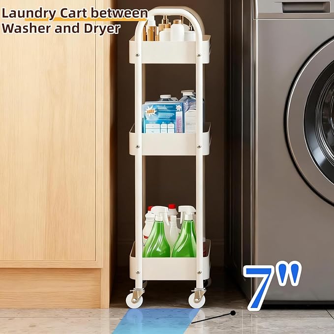 LIWNYRK 3 Tier Narrow Rolling Storage Cart for Laundry Room Bathroom Kitchen, 7.1'' Slim Utility Cart with Wheels and Lockable Casters Standing Shelf for Small Space & Between Washer and Dryer, White