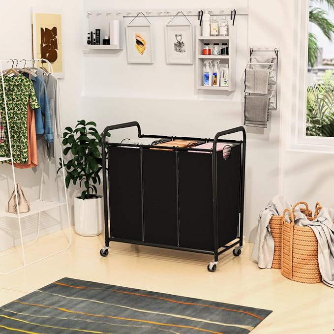 180L (47.55 Gal) Laundry Sorter 3 Section, Rolling Laundry Basket with Lockable Wheels and Lid, Laundry Hamper with 3 Separated Removable Bags Dirty Clothes Hamper for Laundry Room Organizer, Black