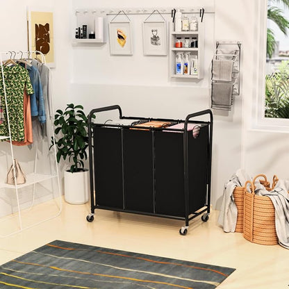 180L (47.55 Gal) Laundry Sorter 3 Section, Rolling Laundry Basket with Lockable Wheels and Lid, Laundry Hamper with 3 Separated Removable Bags Dirty Clothes Hamper for Laundry Room Organizer, Black
