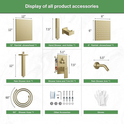 VANFOXLE Shower Faucet Set Brushed Gold Shower System,Push Button Diverter Shower Faucet with 2 in 1 Handheld,Ceiling Mount Increased Thickness 12 Inch Shower Head with 6 Inch Wall Mount Shower Head