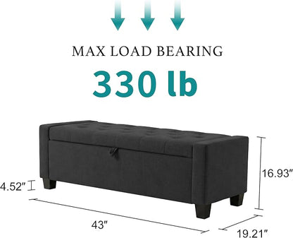 Huatean Home 43" Ottoman with Storage, Storage Ottoman Bench with Safety Hinge, Upholstered Entryway Bench with Seating for Bedroom, Living Room, Holds up to 330 lb, Dark Gray