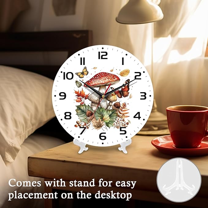 Wall Clock, 10 Inch Silent Non-Ticking Home Kitchen Decor, Battery Operated for Bathroom Bedroom Living Room Office(Mushroom Butterfly)