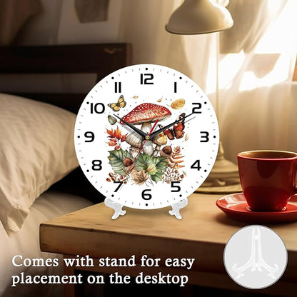 Wall Clock, 10 Inch Silent Non-Ticking Home Kitchen Decor, Battery Operated for Bathroom Bedroom Living Room Office(Mushroom Butterfly)