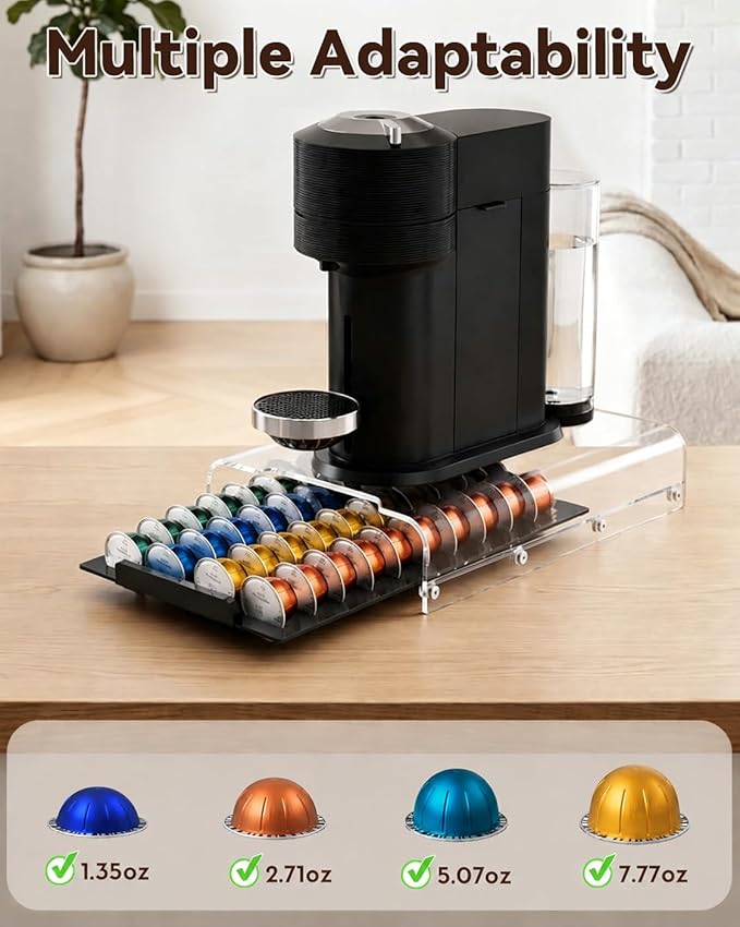 Upgraded Nespresso Vertuo Pod Holder,Clear Acrylic Coffee Pod Drawer Organizer with 40 Pods Capacity,Smooth Gliding Roller & Heavy Duty 48lbs Top Load,Anti-Drop Nespresso Vertuo Capsule Storage