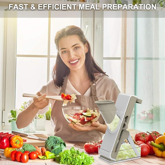 Eletronova Safe Mandoline Slicer for Kitchen, Vegetable Slicer with Container, French Fry Cutter, All in 1 Julienne Slicer for Potato, Thickness Adjustable, Detachable Blade (White Light Gray)