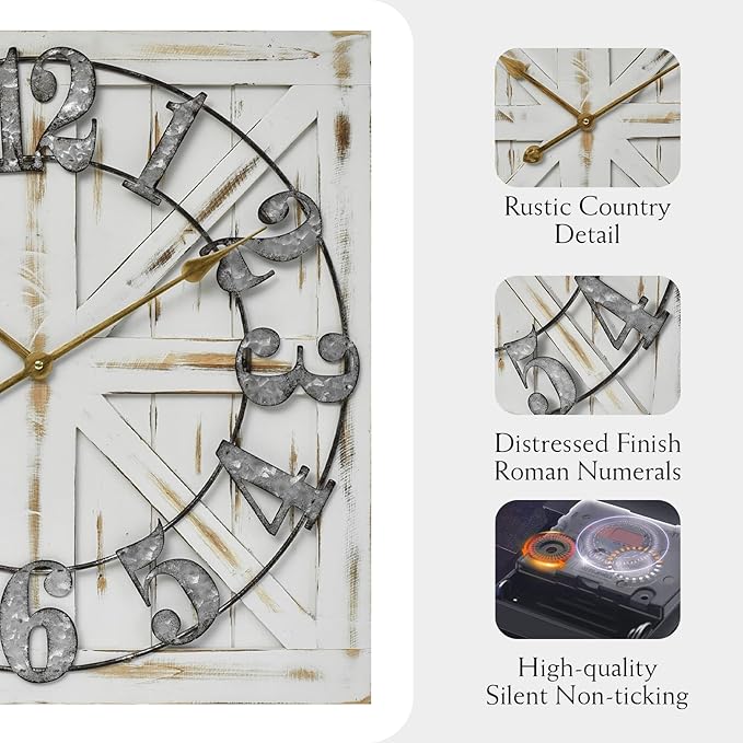 Large Farmhouse Wall Clock – 24 Inch White Square Rustic Wooden Clock with Decorative Reversible Wooden Sign, Perfect for Any Space and Ideal Gift