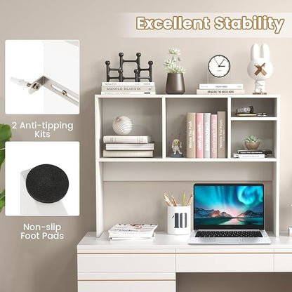 Desk Hutch, Desktop Shelf with 4 Shelves, Desk Bookshelf w/Anti-Toppling Devices, Wood Table Top Bookshelf Organizer, Small Desk Shelf for Study, Office, Dorm (White, 4 Shelves)