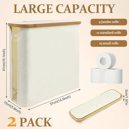 KASURE 2 PCS Toilet Paper Storage with Lid and Handle for 12 Rolls Foldable Toilet paper holder with storage Lightweight Basket for Toilet paper Organizer for bathroom with Feet for Towel Toys Beige