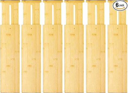 VaeFae 6 Pack Bamboo Drawer Dividers, 4" High Adjustable 16.6" - 21.8" Clothes Drawer Organizers, Expandable Separators for Bedroom/Bathroom/Kitchen/Office Storage