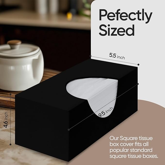 Rectangle Tissue Box Cover | Fits Top Side Opening Tissue Boxes | Black Tissue Box Holder for Bathroom | Premium Acrylic Tissue Cover