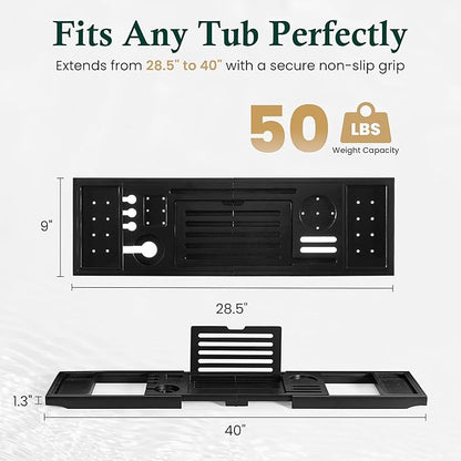 Bamboo Bathtub Tray Caddy - Splash-Proof Adjustable (28.5-40") with Wine Holder, Tablet Stand & Non-Slip Grip | Spa-Grade Organizer for Bath Essentials & Reading- Black