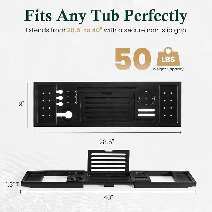 Teak Bathtub Tray | Adjustable Width Tray with Wine Holder, Tablet/Phone & Book Stand, Splash-Proof for Bath Time- Black