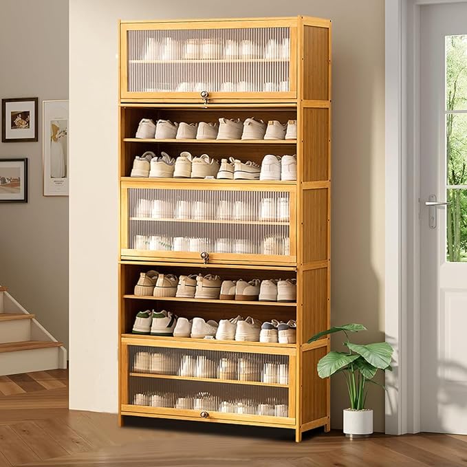 10-Tier Large Shoe Cabinet with Acrylic Doors, Large Capacity Bamboo Shoe Cabinet, 40-45 Pairs Shoe Rack, Free Standing Shoe Rack,Entrance for Hallway Living Room