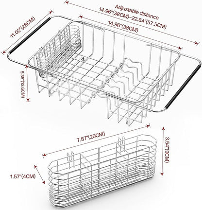 Large Sink Dish Drying Rack, Expandable 304 Stainless Steel Metal Dish Drainer Rack Organizer Shelves with Stainless Steel Utensil Holder Over Inside Sink, Rustproof