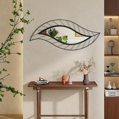 ironsmithn Decorative Wall Mirror, Leaf Teardrop Mirror with Metal Frame, 45" x 18.5" Black Wall Mounted Mirror for Bathroom Vanity Living Room Bedroom Fireplace