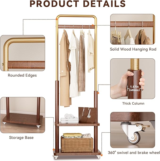 Clothes Rack Solid Wood Coat Rack,With Double Shelf Metal & Wood Clothing Rack Freestanding with Wheels for Hanging Clothes Garment, Entryway Bedroom Storage