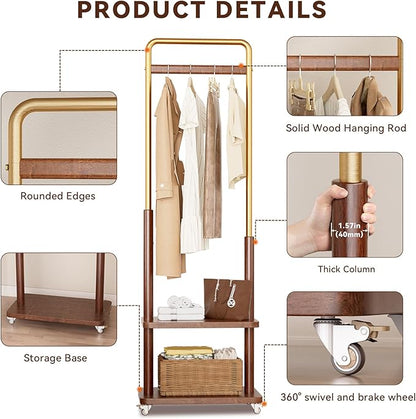 Clothes Rack Solid Wood Coat Rack,With Double Shelf Metal & Wood Clothing Rack Freestanding with Wheels for Hanging Clothes Garment, Entryway Bedroom Storage