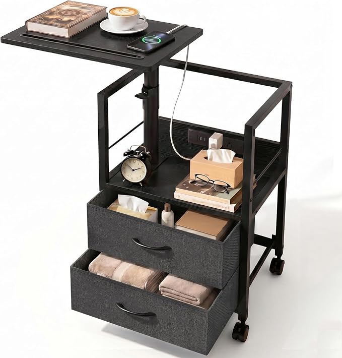 Faesun Swivel Lift Top Nightstand with Charging Station, Rolling Side Table for Recliner, Bedside Table with Wheels & 2 Fabric Drawers, for Small Spaces, for Bedroom, Living Room, Black Gray