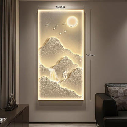 LED Lighted Mountain Wall Art for Living Room, Large Framed Modern Gold Sun Waterfall Pints Artwork for Walls, Minimalist Nature Landscape Dimmable Bright Wall Decor for Hallway, Entryway, Office