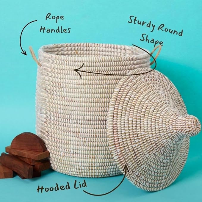 Wicker Basket, Storage & Organization, Home Decor, Laundry Hamper Bedroom, Baby Nursery Toys Bin, Blankets Storage Living Room, Bathroom Towels Holder, Woven, Round, Lid, Handles, White, Medium