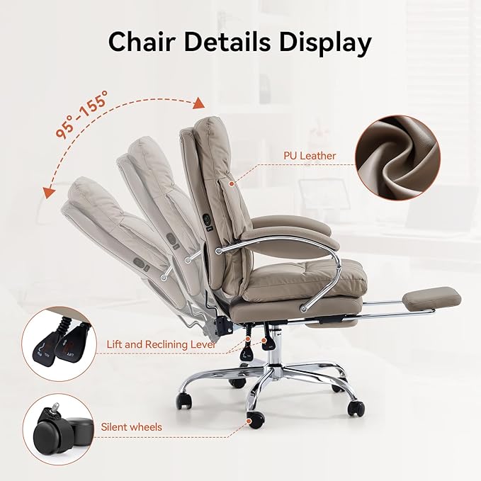 LEAGOO Heated Massage Office Chair with Foot Rest, Reclining Ergonomic Executive Office Chair with Massager for Lower Back, High Back PU Leather Comfy Heated Computer Desk Chair with Wheels, Khaki