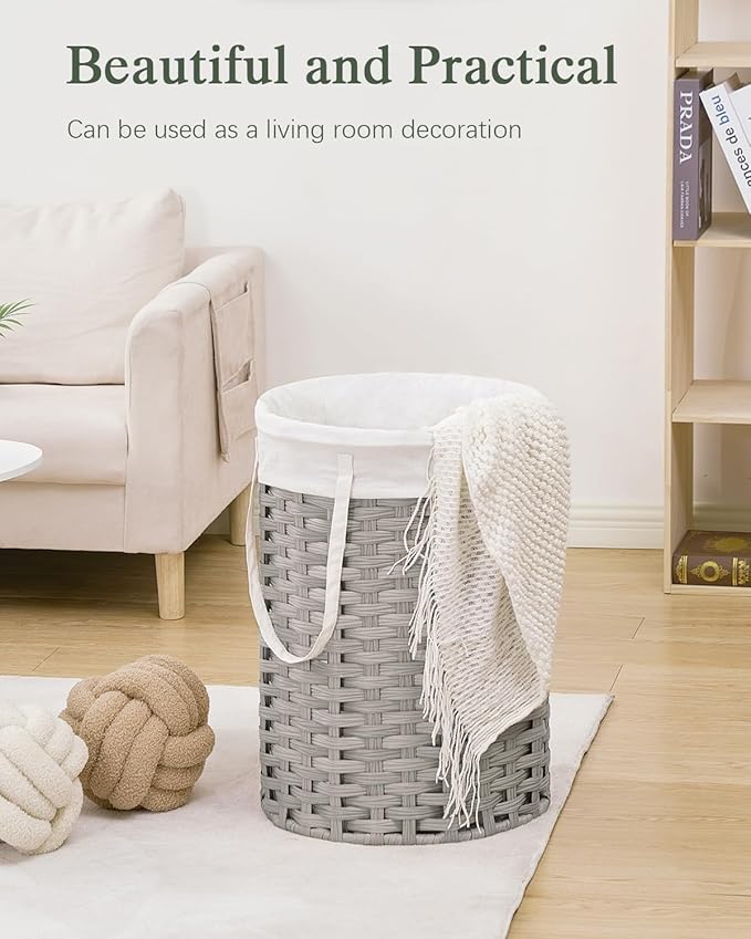 Laundry Hamper Laundry Basket Round 19.0 Gal (72 L) Handwoven Rattan Hamper, Large Wicker Laundry Hamper with Removable Laundry Bag Handles 2 Mesh Bags for Bathroom Living Room Gray (No Lid)