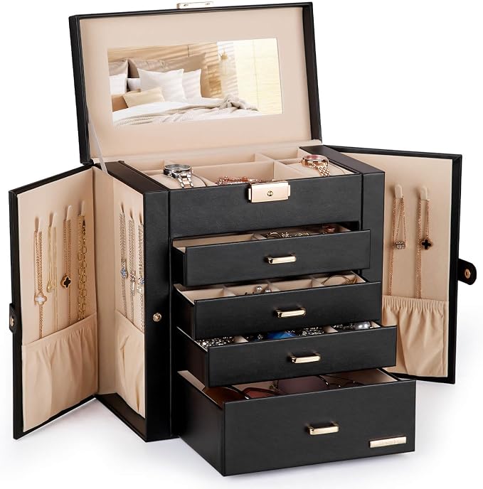 Homde Mothers Day Gifts Synthetic Leather Huge Jewelry Box Mirrored Watch Organizer Necklace Ring Earring Storage Lockable Gift Case (Black + Gold)