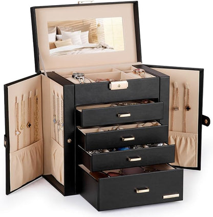 Homde Mothers Day Gifts Synthetic Leather Huge Jewelry Box Mirrored Watch Organizer Necklace Ring Earring Storage Lockable Gift Case (Black + Gold)