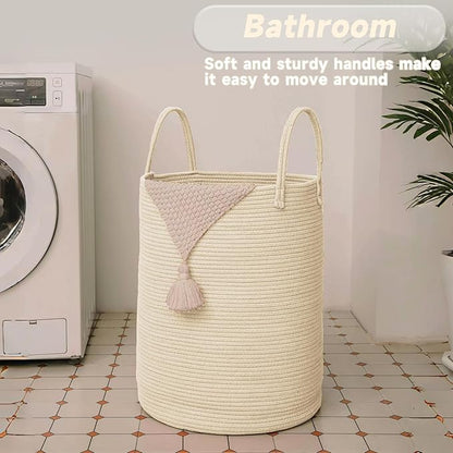 JMvicyroam Large Woven Laundry Basket Hamper,60L Cotton Rope Storage Bin for Blankets,Toys and Clothes,Decorative Tall Nursery Hamper for Living Room,Baby Nursery,Bathroom and Bedroom,Beige